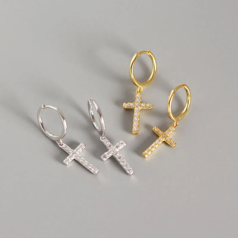 Religious Fine Jewelry Pendant Earrings Gold Plated 925 Sterling Silver Cubic Zirconia CZ Cross Charm Women Wedding Party Gift