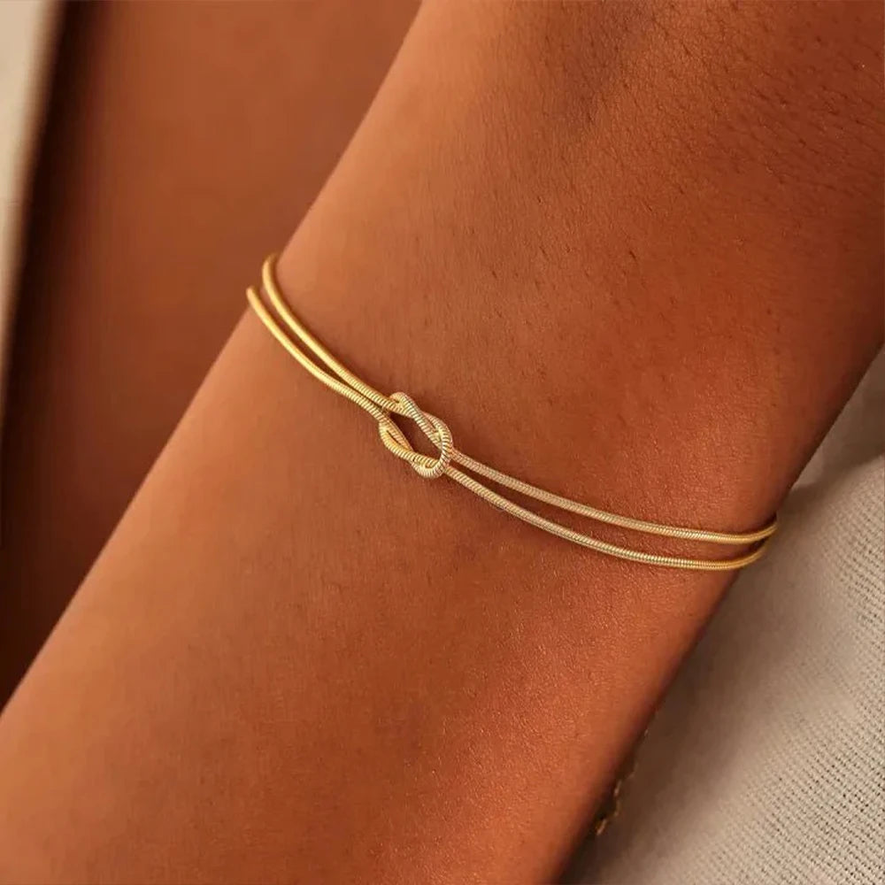 EManco Jewelry Minimalist Gold Plated Stainless Steel Double-layer Snake Chain Knot Necklace Bracelet