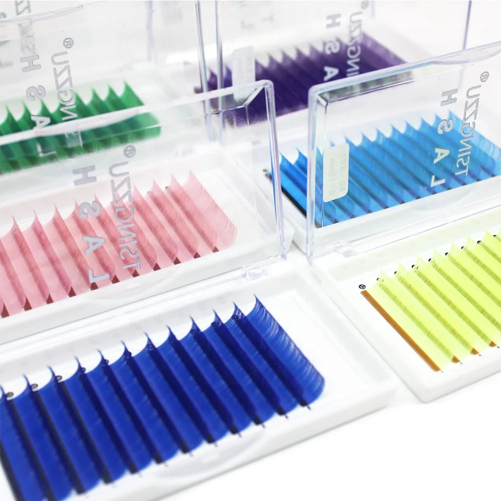 2024 Private Label Faux Mink Eyelashes Lashes Colored Tray Russian Volume Eyelash Extension pink Blue Eyelash Extensions