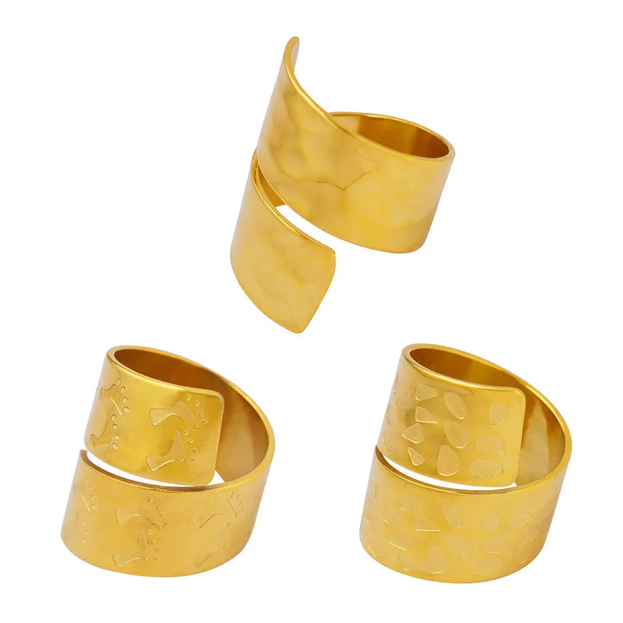 Simple Stainless Steel 18K Gold Open Footprint Finger Rings Titanium Steel PVD Personalized Wide Stone Grain Circle Ring