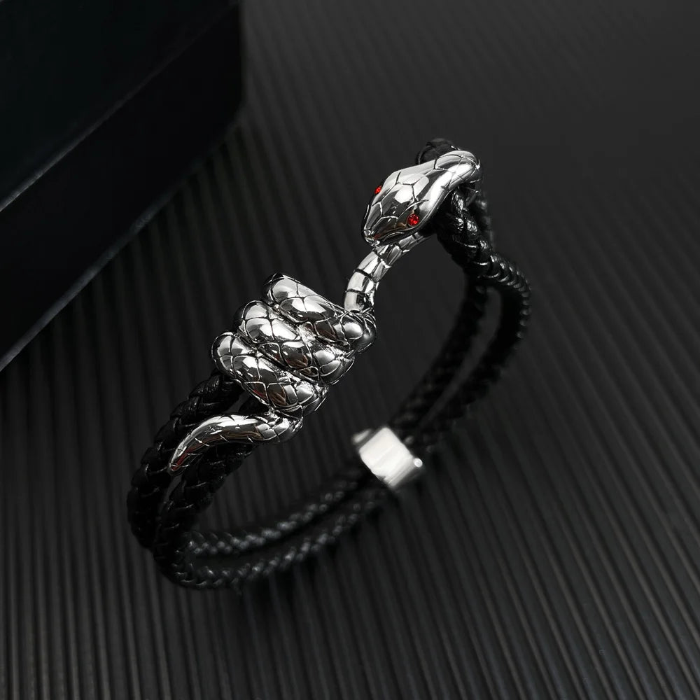 Black Stainless Steel Design Wholesale Genuine Leather Engravable Magnetic Clasp Snake Mens Hand Bracelets Custom Logo