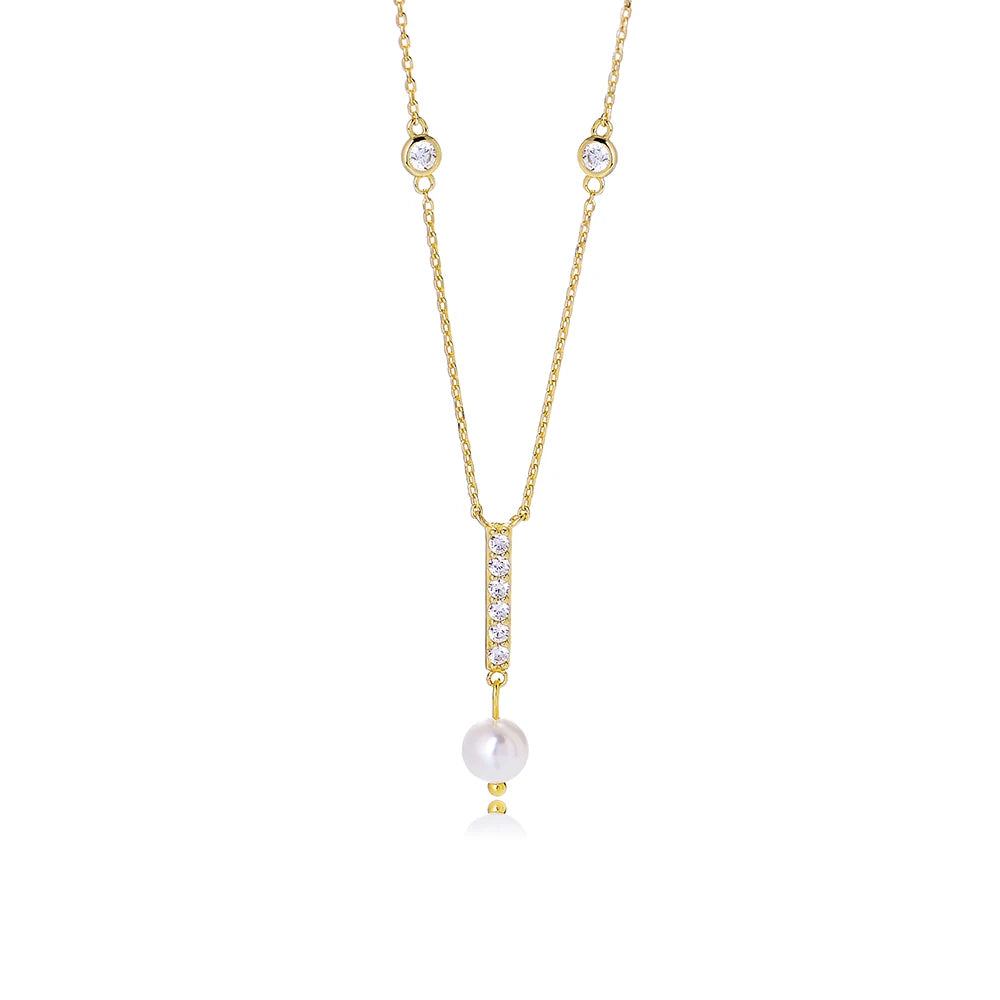 KN2332 Simple Cubic Zirconia Jewelry Necklace 925 Sterling Silver Pearl Pendant for Women
