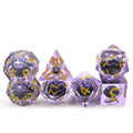 Wholesale Bulk 7Pcs Polyhedral Purple Cat Face Dice Set Transparent Resin with Gold Number D4-D20 Sharp Edge