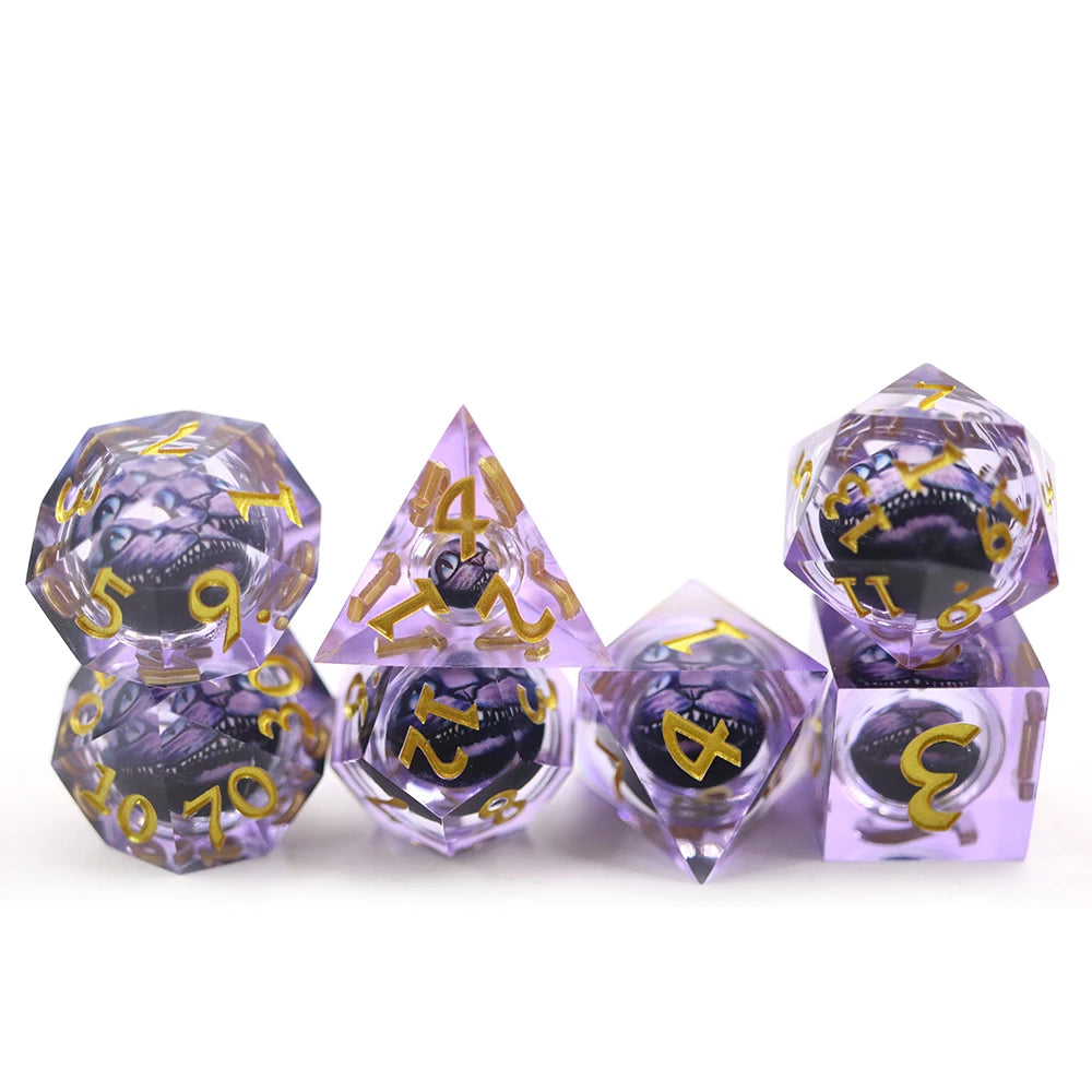 Wholesale Bulk 7Pcs Polyhedral Purple Cat Face Dice Set Transparent Resin with Gold Number D4-D20 Sharp Edge