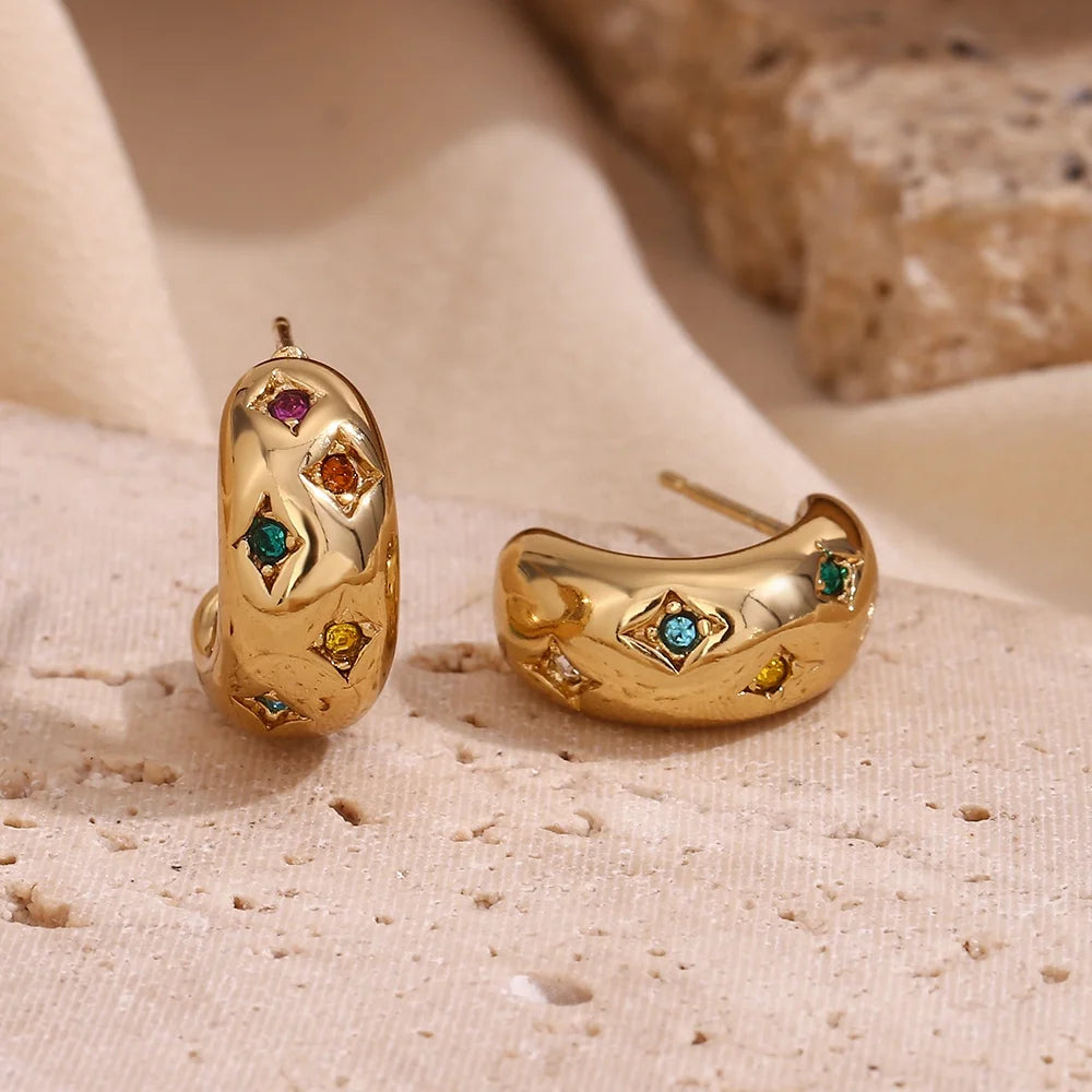 Saint Valentin 2025 Colorful Zircon Hoop Earrings Moon Star Gold Plated Stainless Steel Jewelry