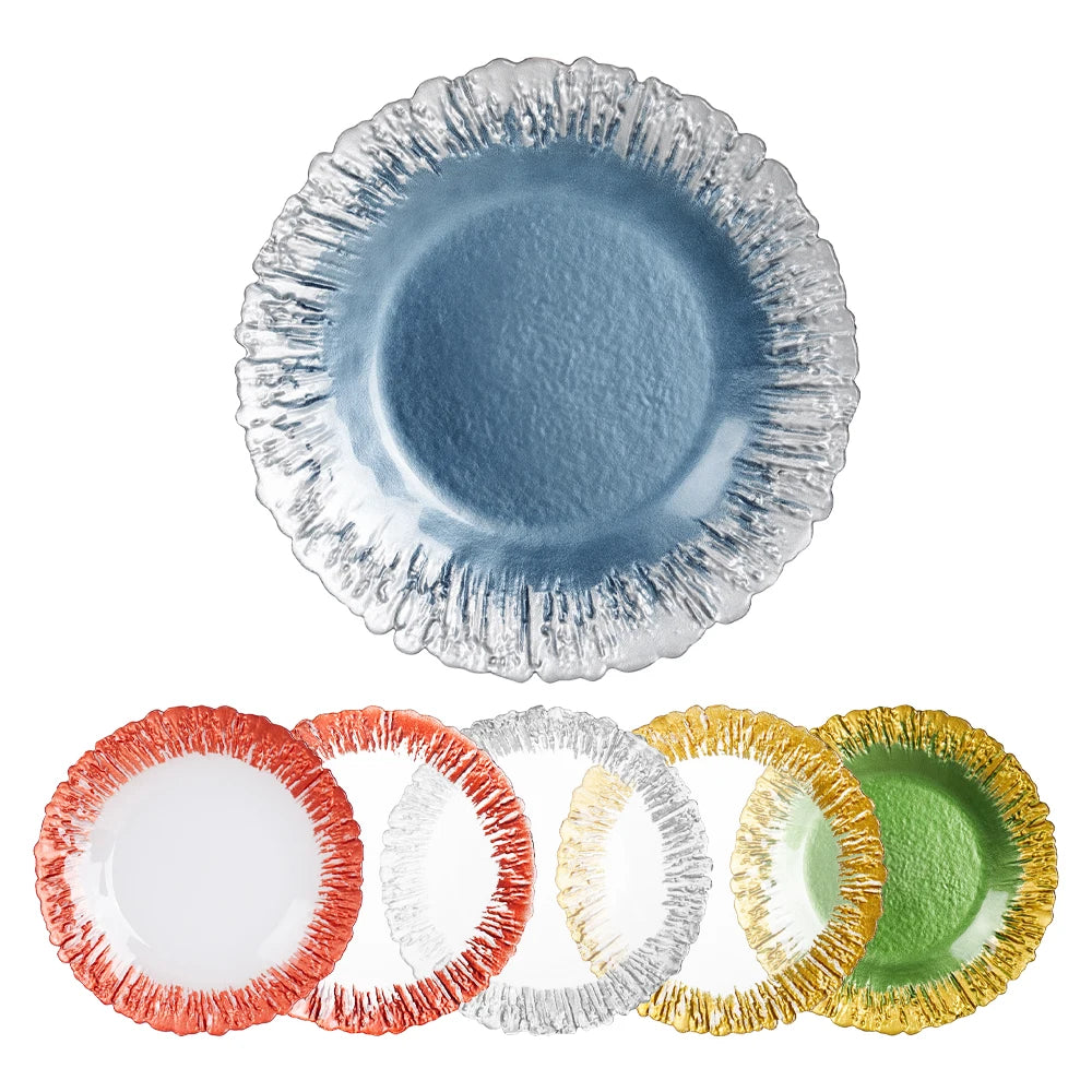 Wholesale Eco-Friendly Dinnerware Sets 3 Sizes Tableware Green Glass Charger Silver Reef Edges Plate for Weddings Parties