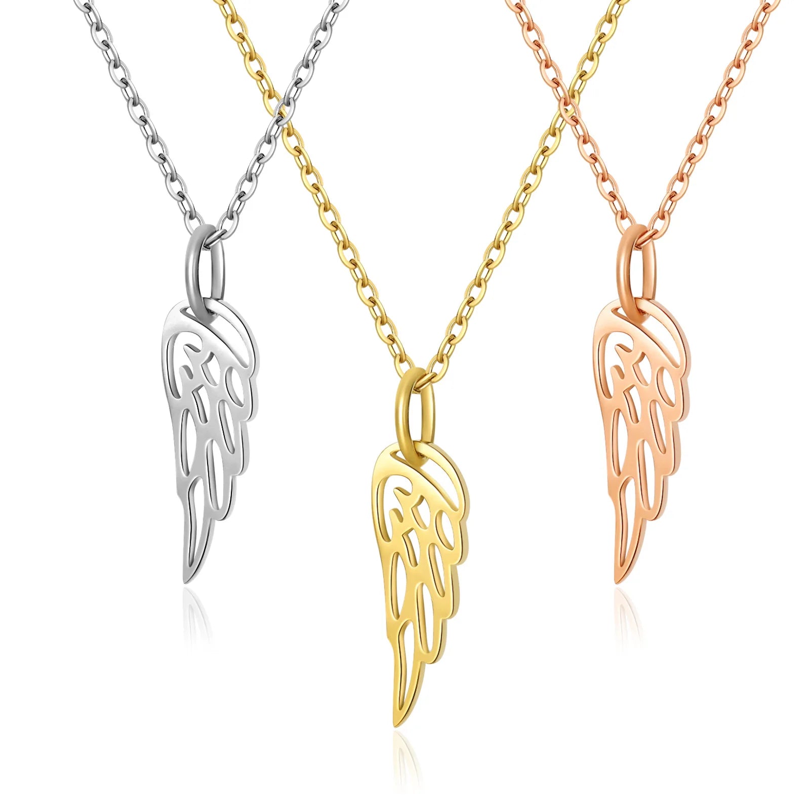 Fashion Waterproof Silver 18K Rose Gold Plated Stainless Steel Women Angel Wing Pendant Necklace Jewelry