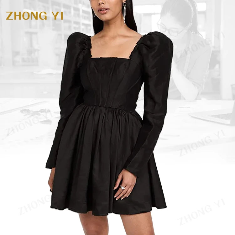Wholesale Custom Women Design Fleur With Padded Corset Mini Hidden Zip at Back Puff Long Sleeves Casual Short Dresses