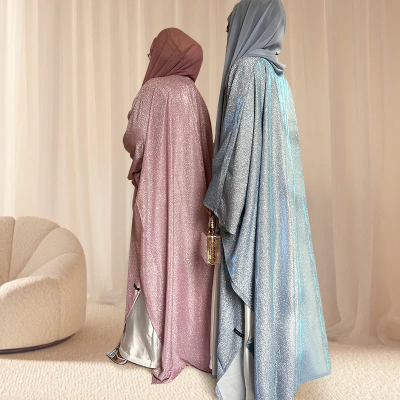 Islamic Clothing 2 Pieces Abaya Hijab Set Starry Night Open Abaya Dubai Stock Front Open Abaya Dresses With Shining Powder MegaBDM