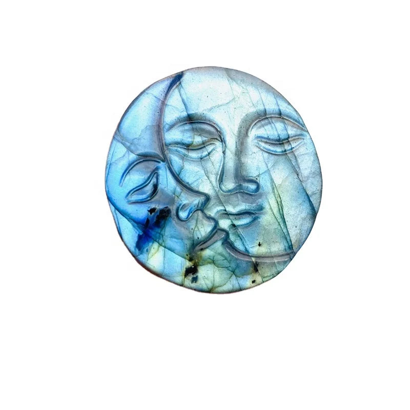 Wholesale Natural Crystal Stone Labradorite Carving Sun and Moon Face for Feng Shui Healing