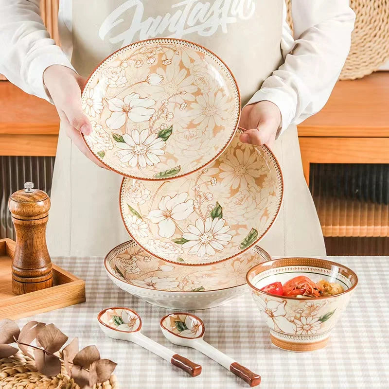 Japanese Style Light Luxury Camellia Ceramic Dinnerware Embossed Design Dish Plates Household Bamboo Hat Bowl
