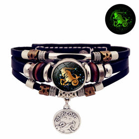 Go Party Glow in the Dark 12 Horoscope Bracelet Luminous Zodiac Signs Bracelets Multi-Layer Leather Bracelets for Men Women
