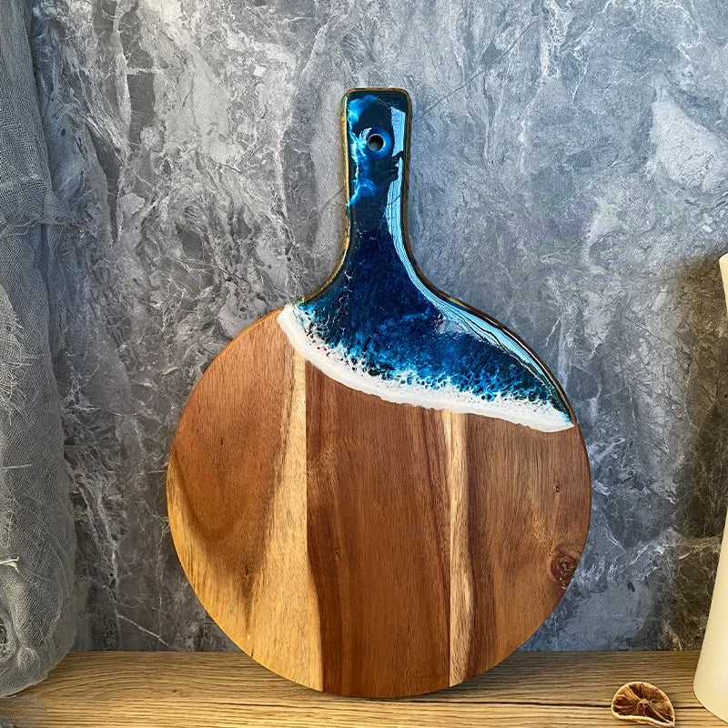 Acacia Wood and Epoxy Resin Cheese Board with Handle Double-sided Home Kitchen Resin Cutting Board