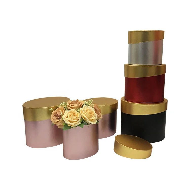 Luxury Three-Piece Gift Box Set with Oval Irregular Lid Shiny Metal Paper Flower Box-Embossed Matt Lamination