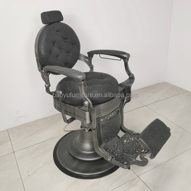 Vintage Style Grey Leather Barber Chair Retro Hydraulic Pump Barber Chair Floor Mat