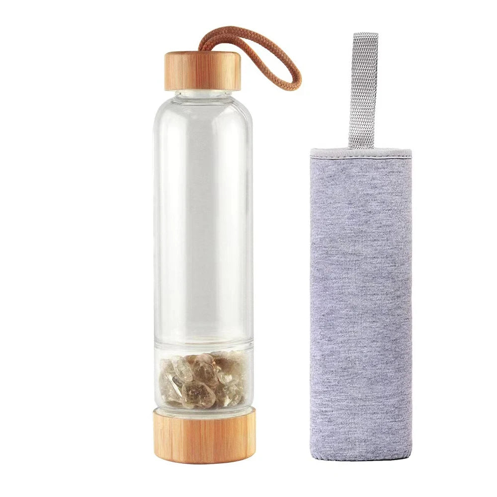 borosilicate glass bamboo lid custom logo and packing crystal gemstone water bottle infused