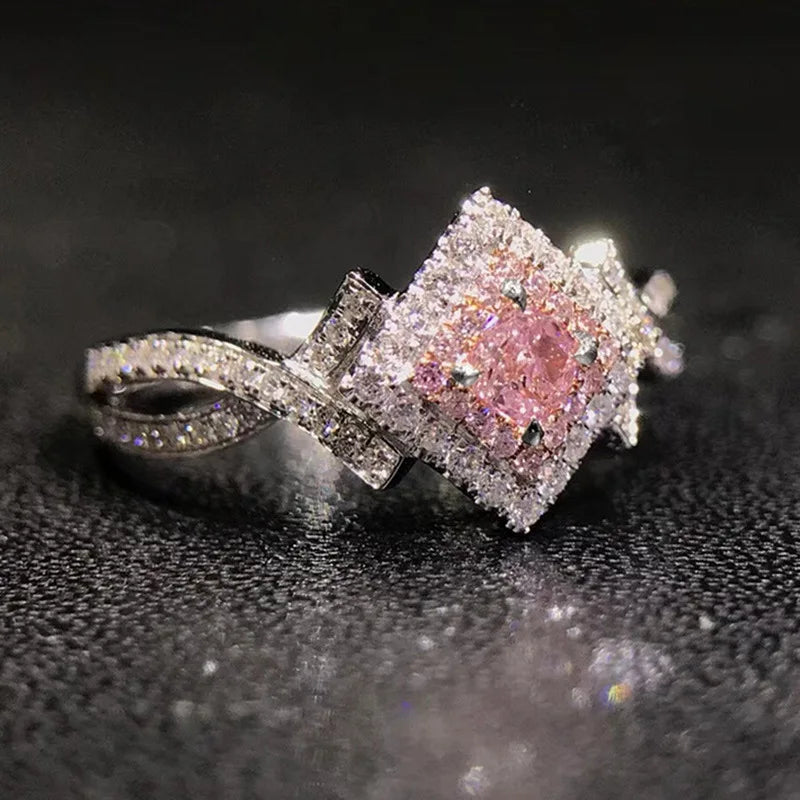 Wedding Jewelry Women Ring Lovely Girl Creative Cross Wound pink Diamond Zircon Ring