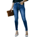 China Factory Wholesale Mid-Waist Women's Zipper Button Dark Blue Slim Fit Skinny Denim Pants Casual Solid Pencil Jeans High