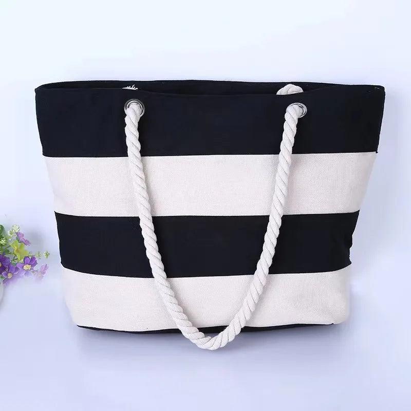 White Patchwork Polyester Canvas Tote Bag Rope Handle Reusable and Friendly Shoulder Grocery Shopping Tote Bag Laptop