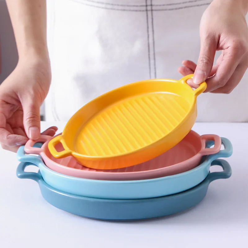 Creative Matte Round Stripe Pizza Pan Ceramic Dinner Sets Baking Pans for Cakes Nonstick Serving Plate Platter