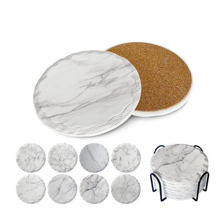 Custom White Marble Round Absorbent Coaster Set Stone Edge Cork Back Holder Ceramic Coaster-Minimum Order 2 Pieces