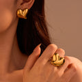 Fashion 18k PVD Gold Non Tarnish Stainless Steel Heart Ring Adjustable Women Chunky Earring Ring Jewelry Sets
