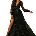 European and American Women's Autumn V-Neck Sexy Black Mesh Sequin Large Swing Evening Dress
