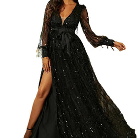 European and American Women's Autumn V-Neck Sexy Black Mesh Sequin Large Swing Evening Dress