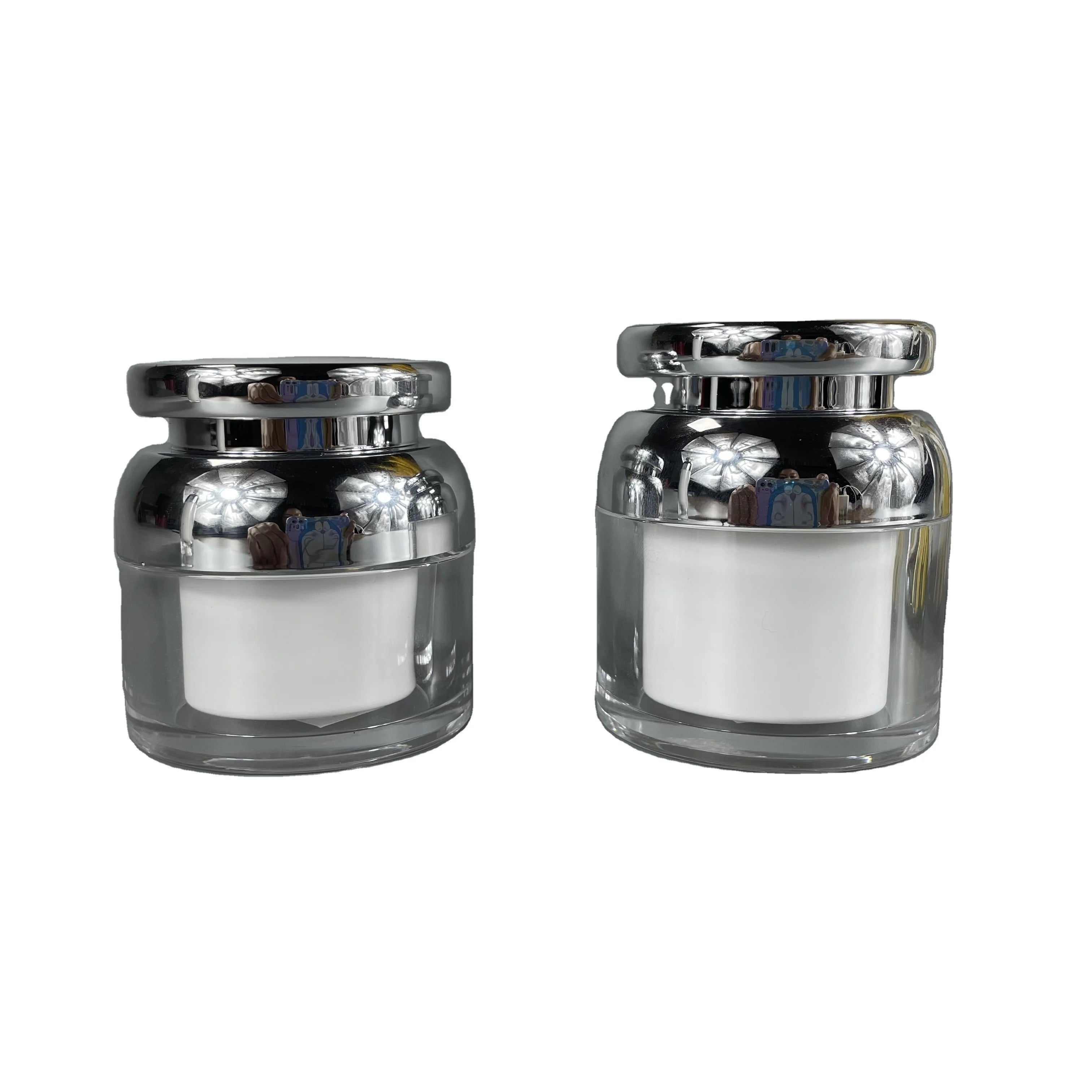 Empty 30g 50g Skincare Acrylic Vacuum Lotion Jars Refillable Cosmetic Airless Jars With Shiny Silver Cap