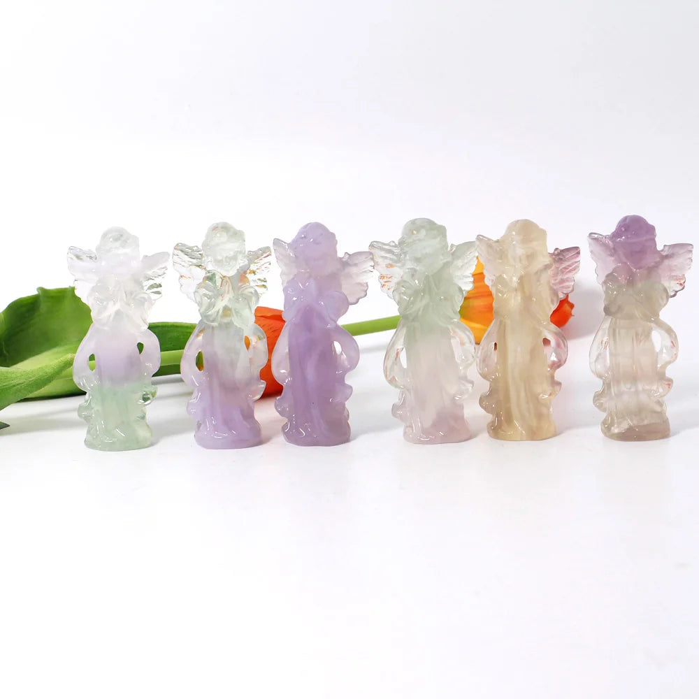 Hot Sales 8CM Natural Fluorite Angel Fairy Carving Hand Carved Crystal Fluorite Angel Carving for DIY Wedding Gift