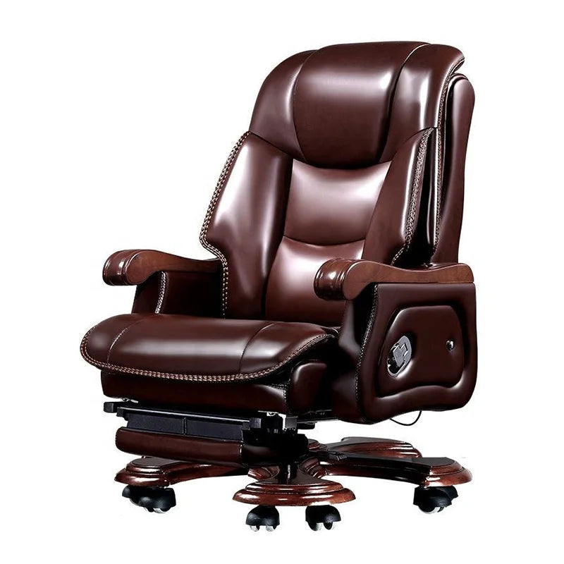 Modern Luxury Adjustable Power Gliding Recliner Swivel Manager Executive Ergonomic Genuine Leather Wood Frame Office Chair