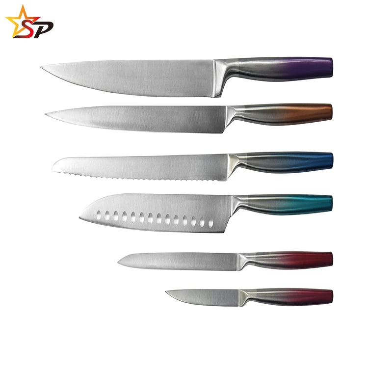 6pcs Disposable Stainless Steel Coated Hollow Handle Dishwasher Safe Ambidextrous Kitchen Knife Set