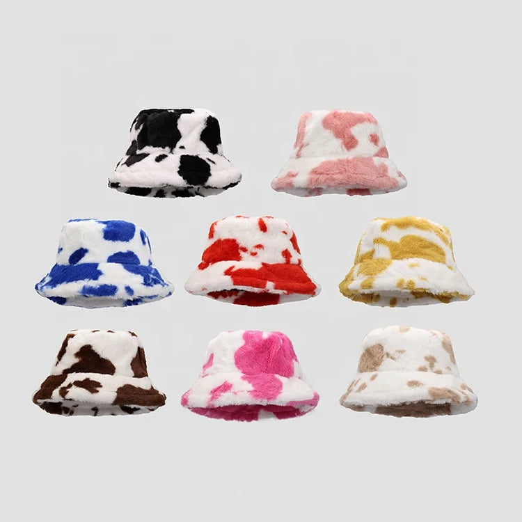Custom Women's Fluffy Cow Print Faux Fur Bucket Hat Winter Furry Fluffy Animal Leopard Checker for Skiing Fishing