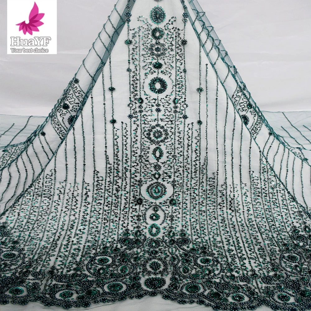 Elegant Dubai Emerald Green Beaded Sequin Evening Dress Lace Fabric 3d Luxury Wedding Large Size Fabric Factory HY2820