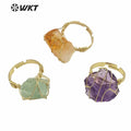 WT-R366 WKT New Design Gold Hand Make Wire Wrapped Mineral Stone Ring Women Fashion Hot Raw Quartz Fluorite Ring