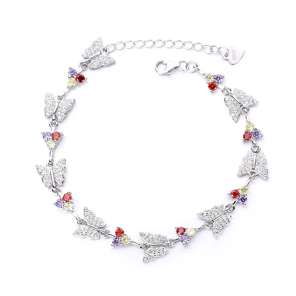 925 Sterling Silver Zircon Two-tone Enamel Butterfly Bracelet