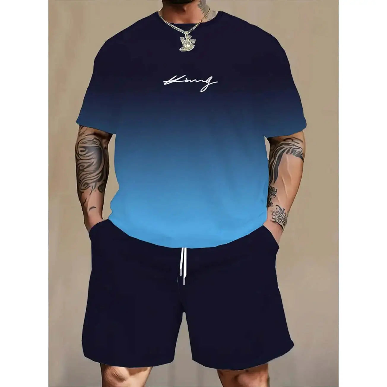 Men's Casual Streetwear T-Shirt Set Simple Letter Design Gradient Colors Knitted Summer Trend Low Price Wholesale Custom Letters