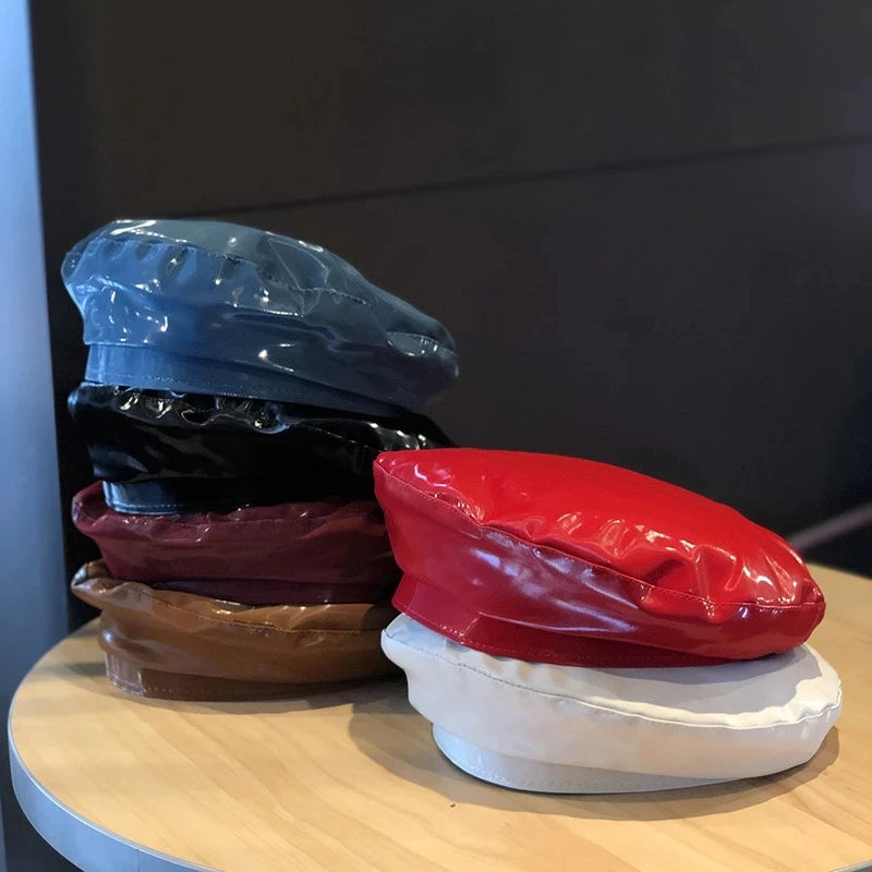 Fashion Winter Cap for Women Solid PU Leather Beret Cap French Black Beret Hat Painter Hat