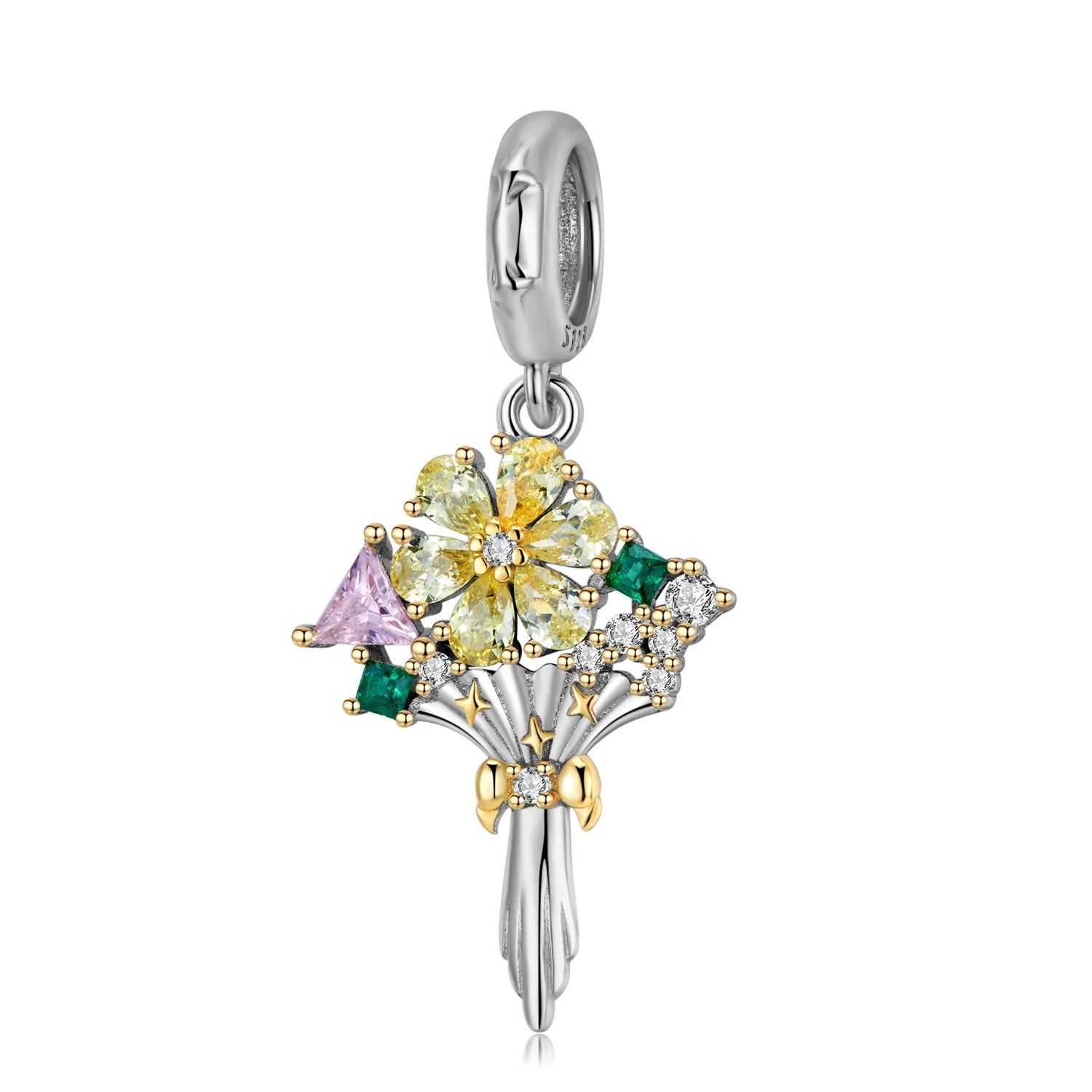 Romantic Zircon Bouquet Pendant with Gold Plated Tied 925 Silver CZ Beads for Women Bracelet Jewelry Making Valentine's Day Gift