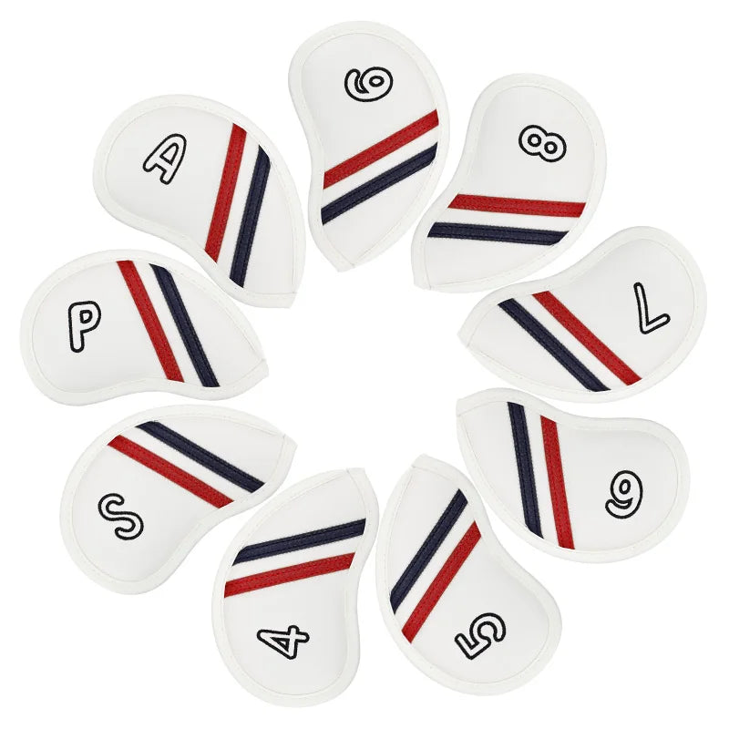 Factory Supply White  PU  Leather  Red &Blue Stripes  Customized Logo Golf Club Iron Cover