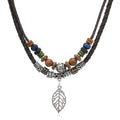 Vintage Style Double Layer Beaded Necklace with Leaf Pendant Bohemian Leather Jewelry for Daily Wear