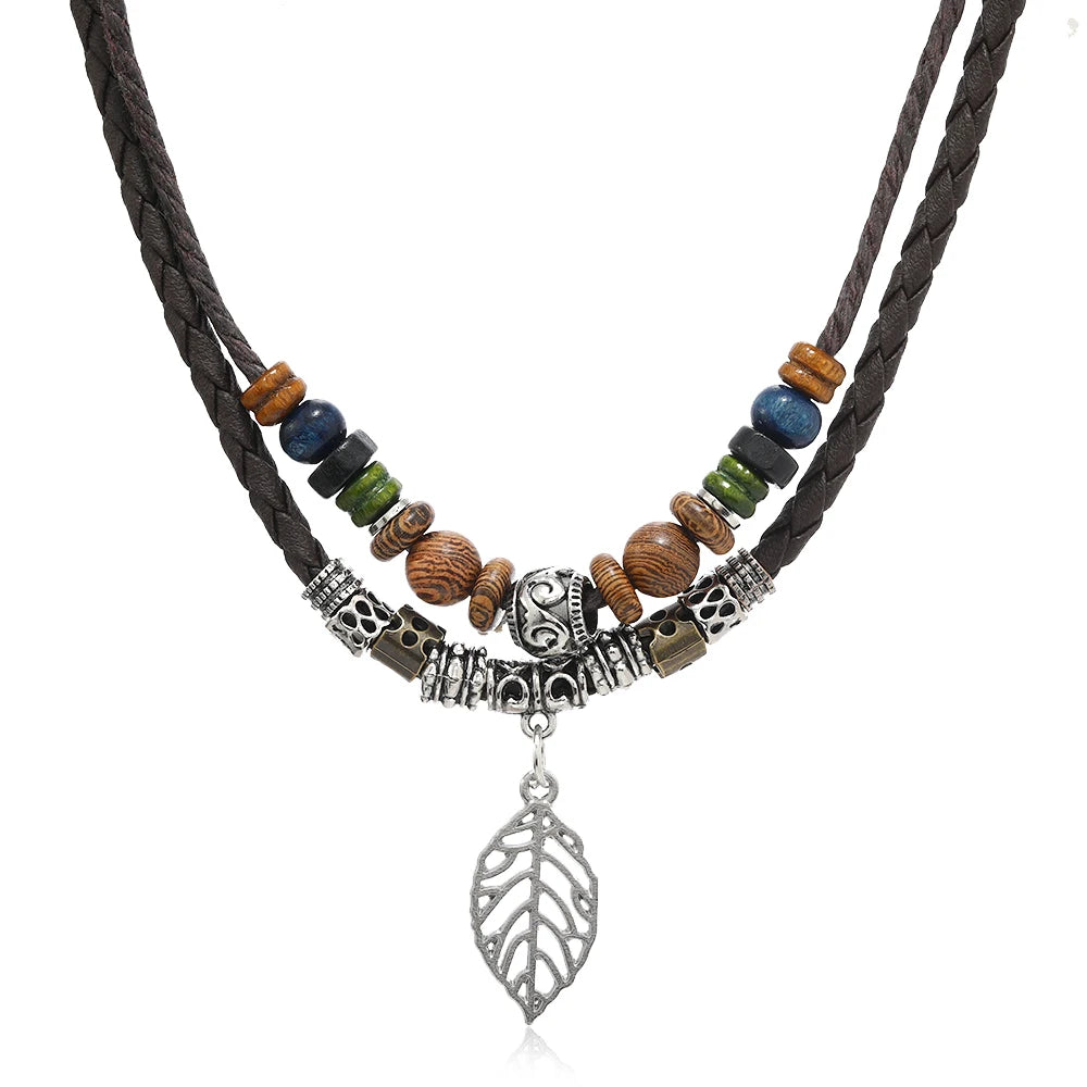 Vintage Style Double Layer Beaded Necklace with Leaf Pendant Bohemian Leather Jewelry for Daily Wear