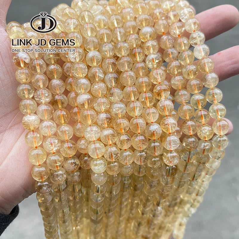 JD Wholesale 4-12mm Round Smooth Loose Spacer Gemstone 3A Natural Citrines Beads for Jewelry Making Diy