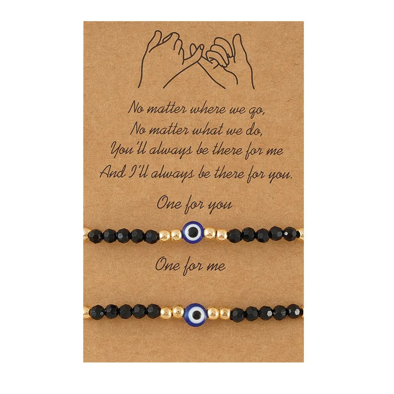 Wishcard Adjustable Lucky Black Glass Crystal Beads Matching Turkish Gold Plated String Rope Bracelets for Couples Jewelry
