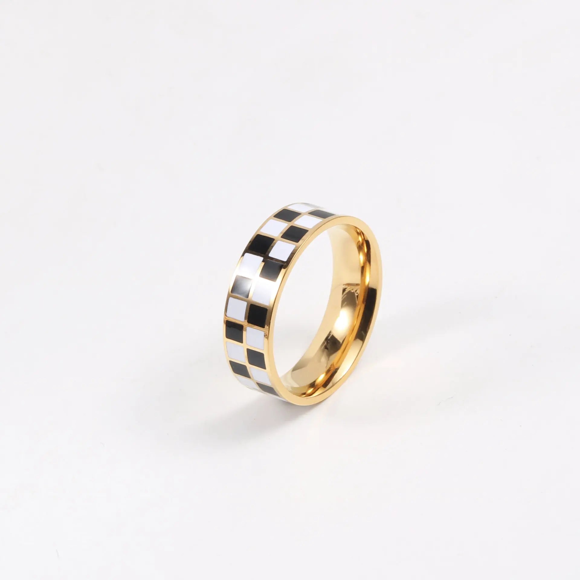 Fenny 18K Gold Plated High End Versatile Dainty Black White Plaid Band Ring No Fade Stainless Steel Wholesale Jewelry