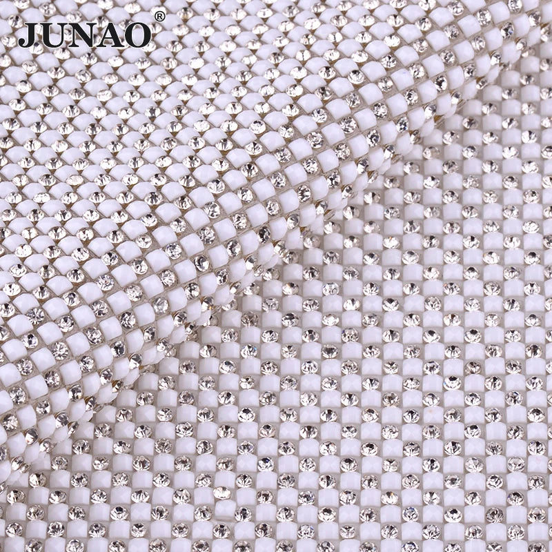 JUNAO Wholesale 24*40cm White Color Hotfix Rhinestone Mesh Sheet Crystal Strass Fabric Trimming for DIY Crafts