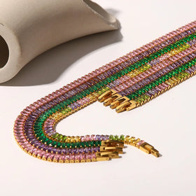 INS Popular 18k Gold Plated Full Zircon Choker Necklace Stainless Steel Base Tennis Chain Colorful Zircon Bracelet Necklace
