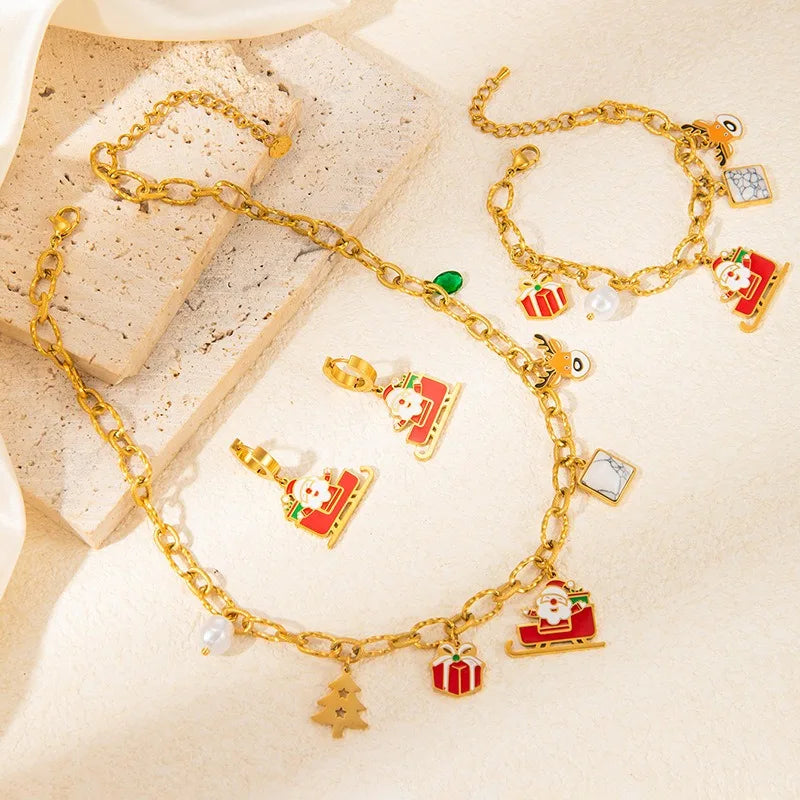 Christmas Theme Santa Claus Anniversary Pendant Jewelry Set Trendy Enamel Oil Drop Stainless Steel Tarnish-Free Earrings