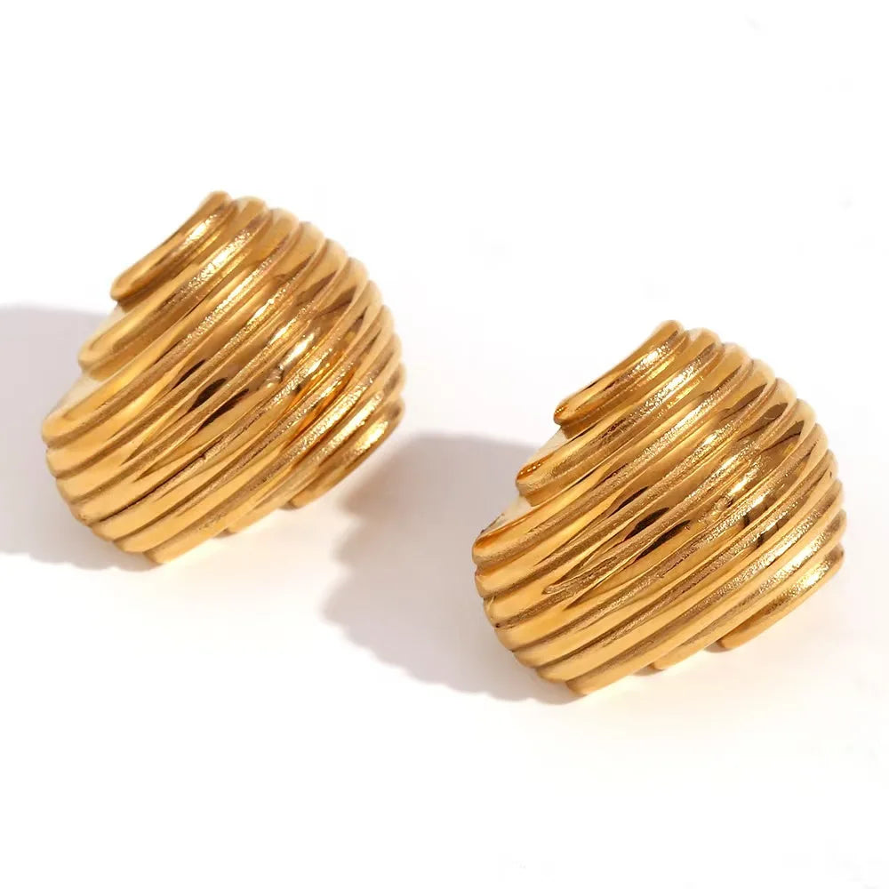 Wholesale Custom Large Geometric Gold Plated Stainless Steel Earrings Non-Tarnish Stripe Texture Chunky Geometric Gold Stud Hoop