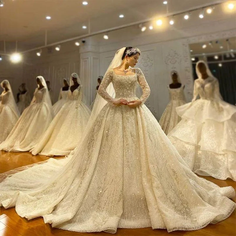 For Jancember NS005 Modern Elegant Heavy Beaded Bridal Wedding Dress Long Sleeve Chapel Train with Crystal Lace Flower